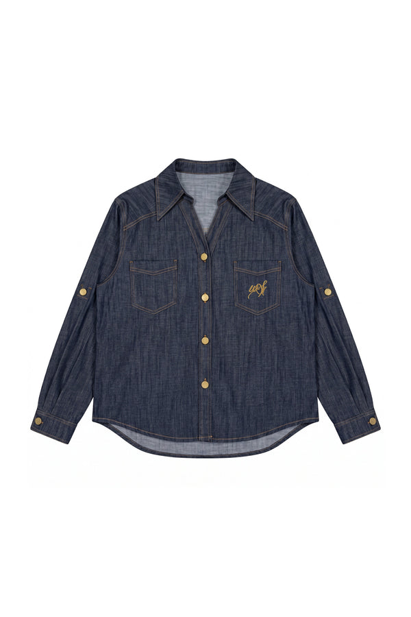 Faux Denim Shirt, Wide Pants and Jacket Set