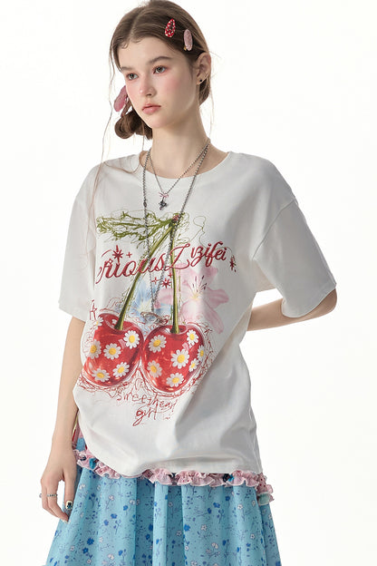 Kurzärmeliges T-Shirt mit Kirschprint