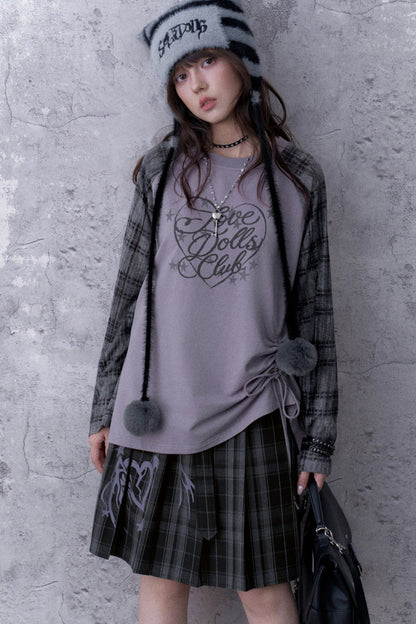 Gray-Purple Raglan Sleeve Printed Drawstring T-Shirt and Plaid Skirt Set