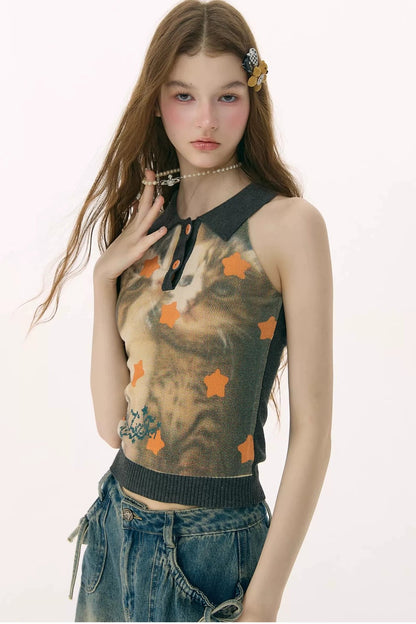 Gilet a Maglia Nero con Gatto Stella