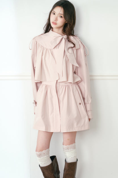 Ruched Bow Tie Cape Trench Coat