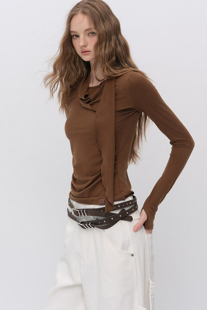 Irregular Ruched Halter Ribbon T-Shirt