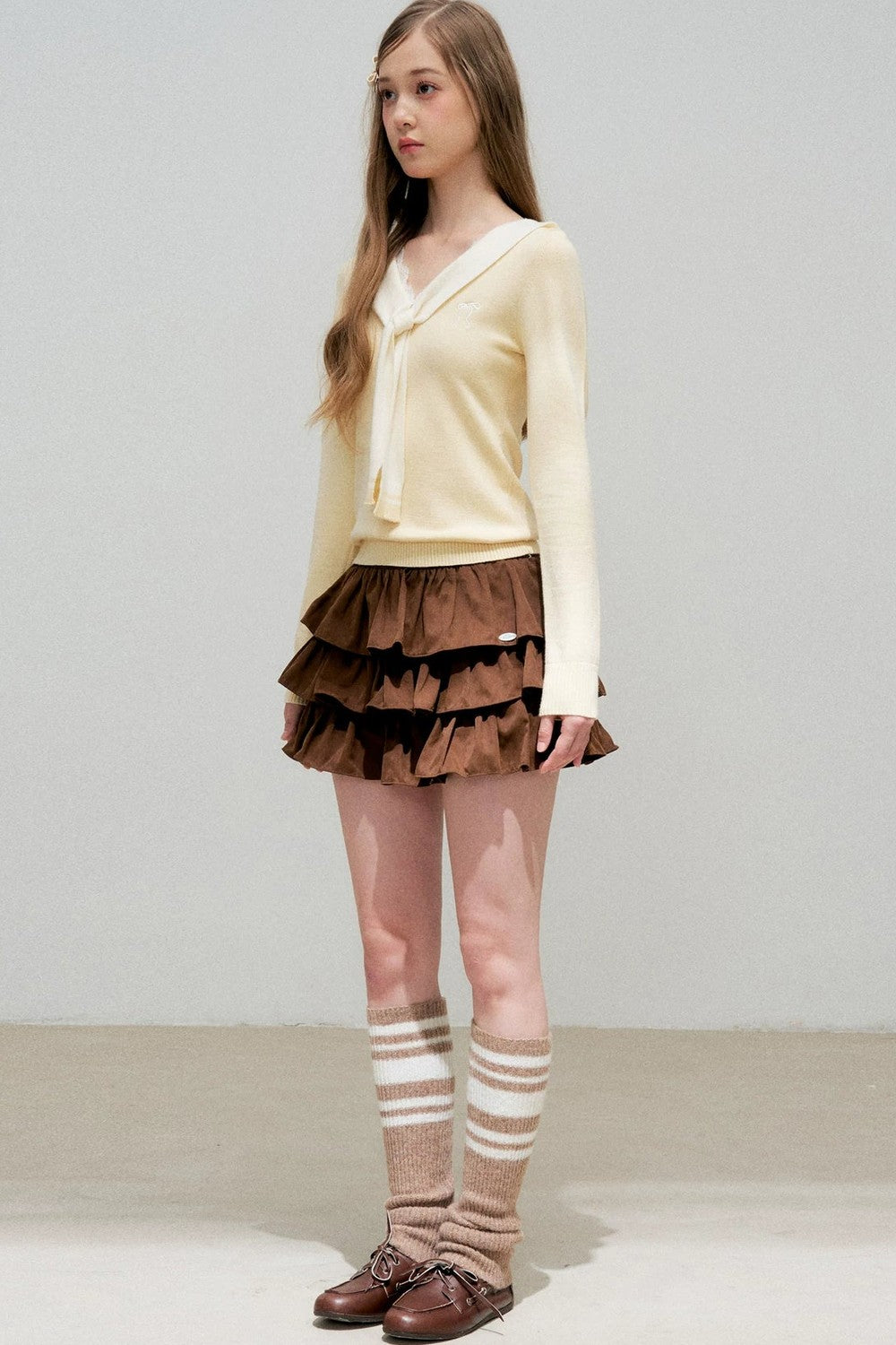 Cream Contrast Lace Tie Knit Sweater