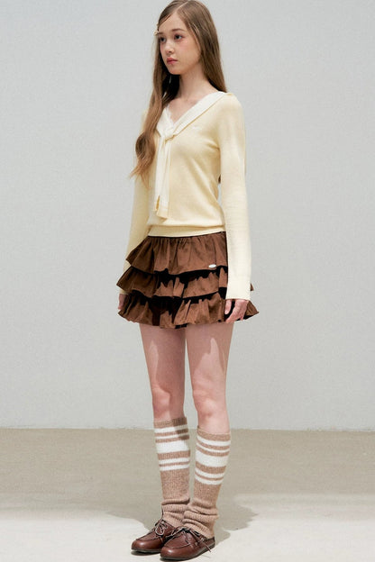 Cream Contrast Lace Tie Knit Sweater