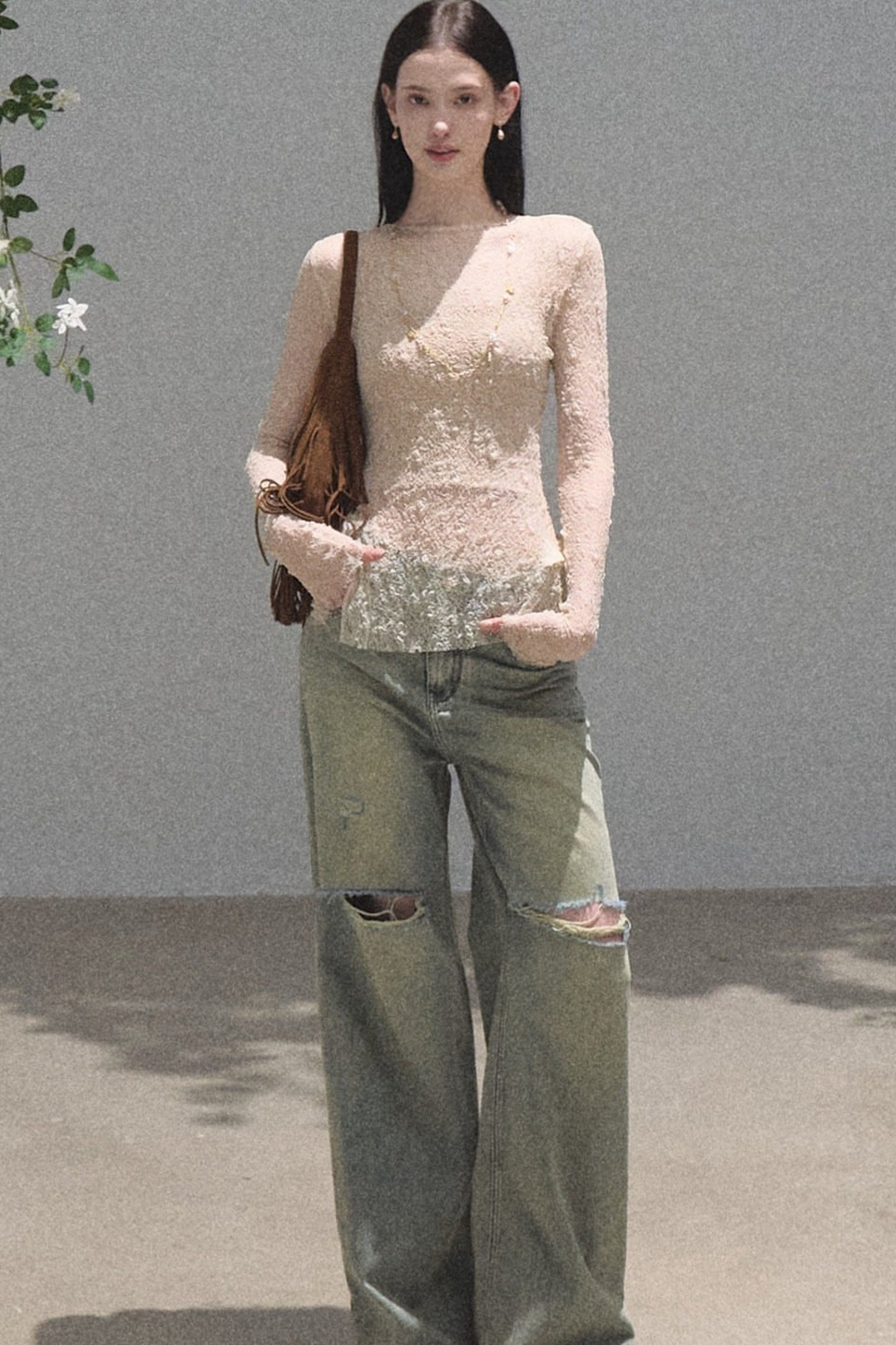 Silver Textured Knit Lace Blouse