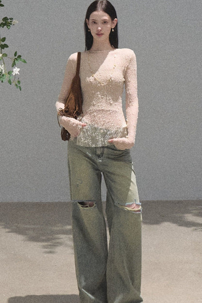 Silver Textured Knit Lace Blouse