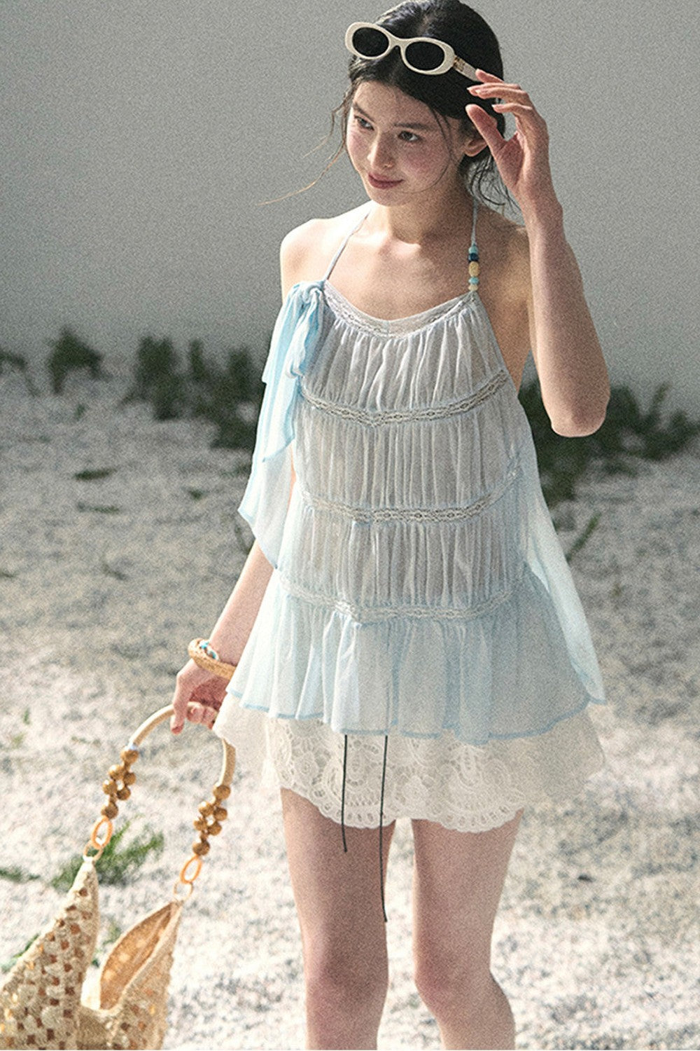 French Lace Chiffon Halter Top