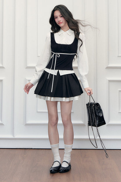 Retro Bow Layered-Look Top and Black Short Skirt Set-Up