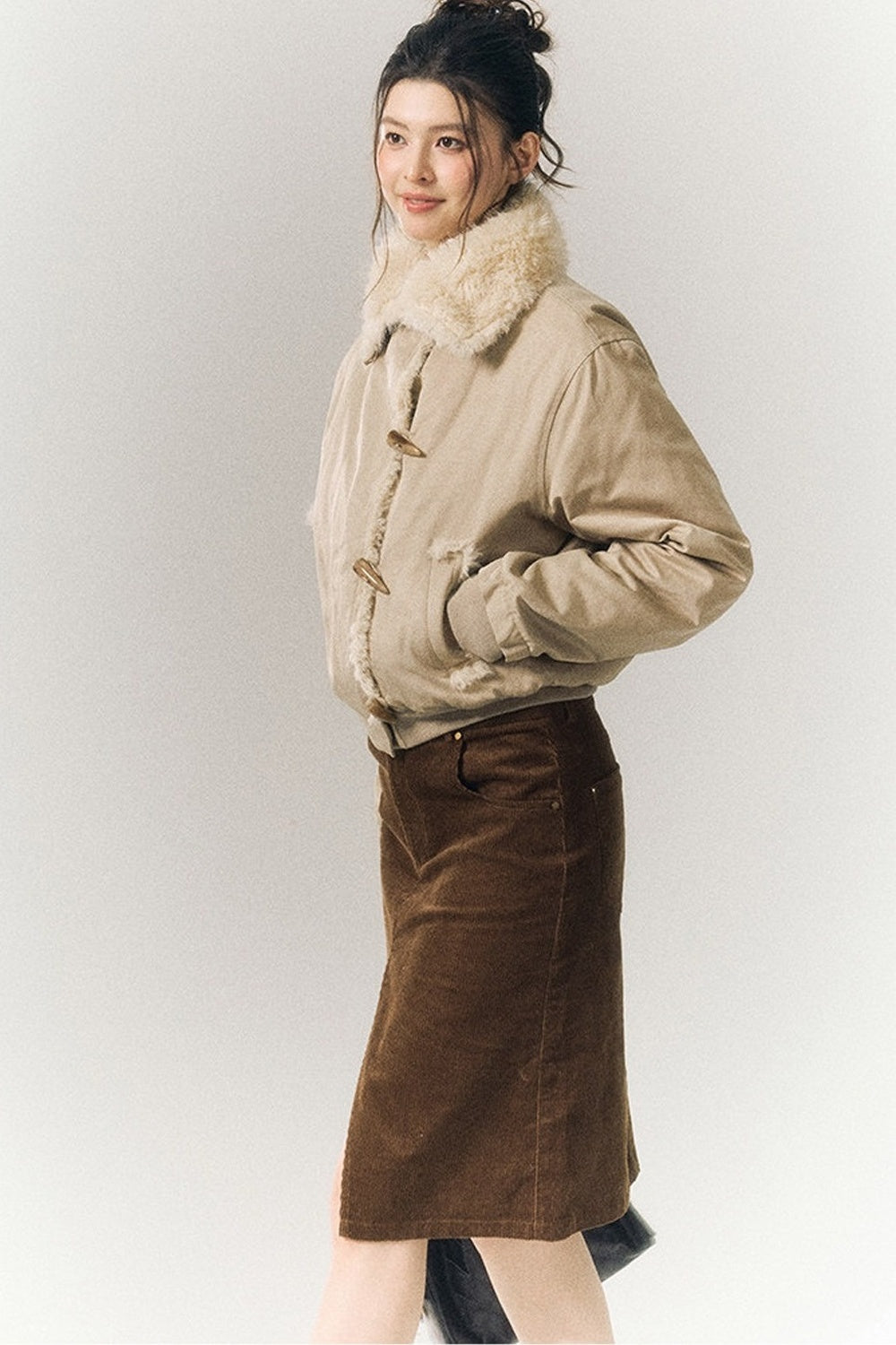 Horn Button Short Fur Coat