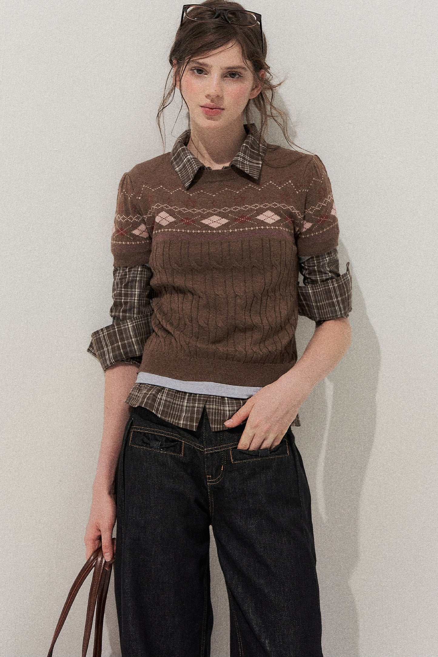 Retro Fair Isle Argyle Short-Sleeve Knit Sweater and Skirt Set-Up