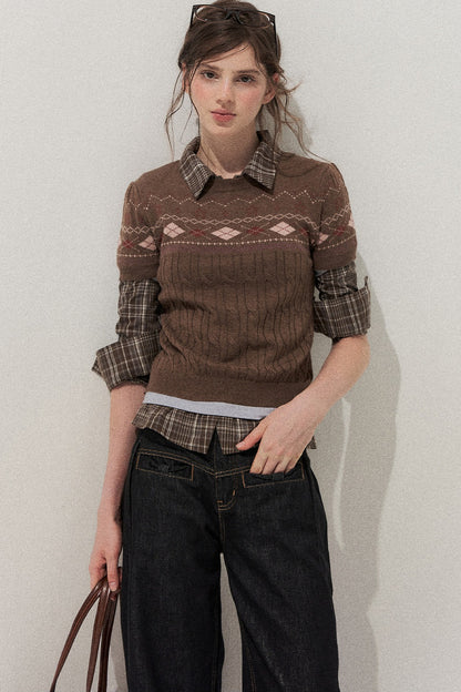 Retro Fair Isle Argyle Short-Sleeve Knit Sweater and Skirt Set-Up