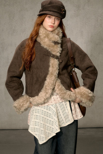 Oatmeal Chocolate Fur Trim Asymmetrical Jacket