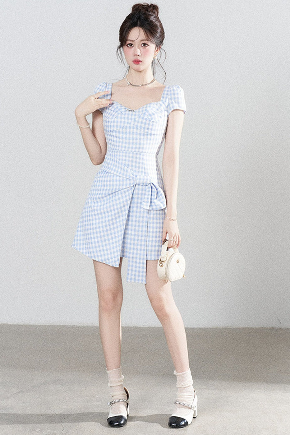 Blue Plaid Square Neck Irregular Dress
