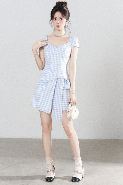 Blue Plaid Square Neck Irregular Dress