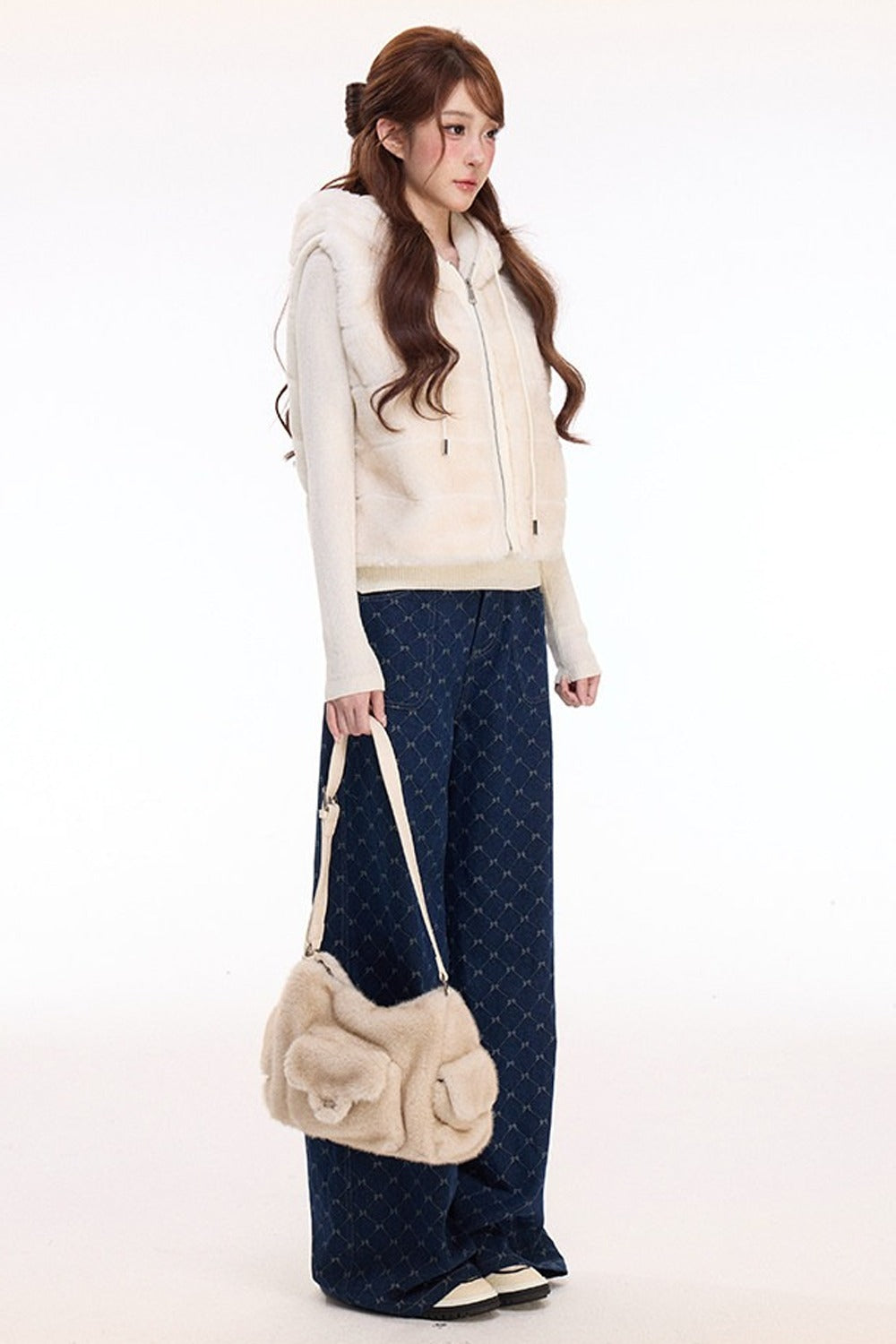 Hooded Faux Fur Vest and Wide-Leg Denim Pants Set-Up