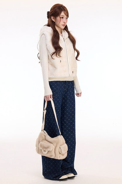 Hooded Faux Fur Vest and Wide-Leg Denim Pants Set-Up