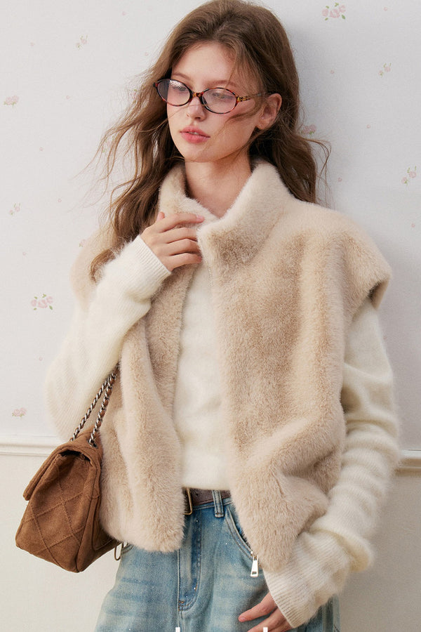 Cloud Velvet Stand Collar Faux Fur Vest