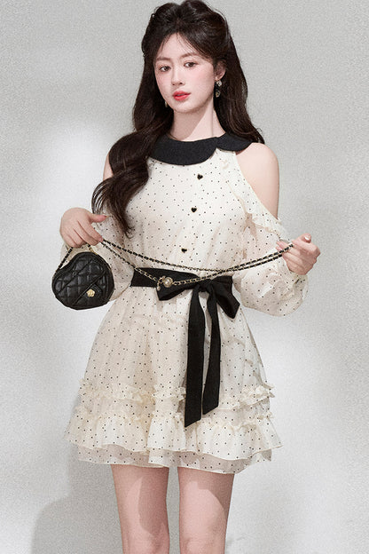 Off-Shoulder Polka Dot Chiffon Dress