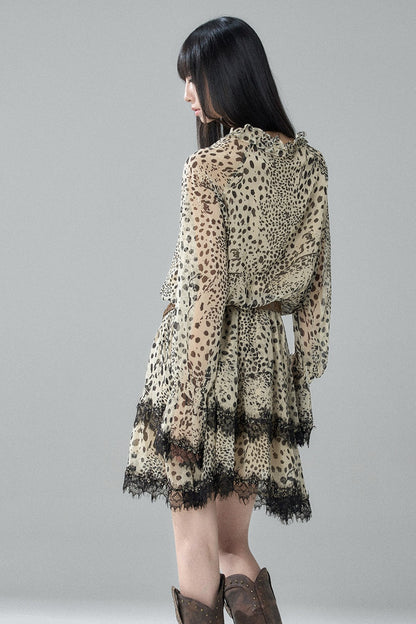 Long-Sleeve Chiffon Leopard Print Dress