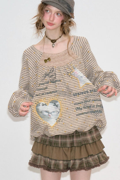 Striped Cat Print Round Neck Sweatshirt