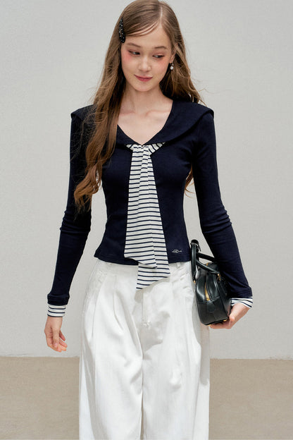 Navy Collar Striped Patchwork Tee