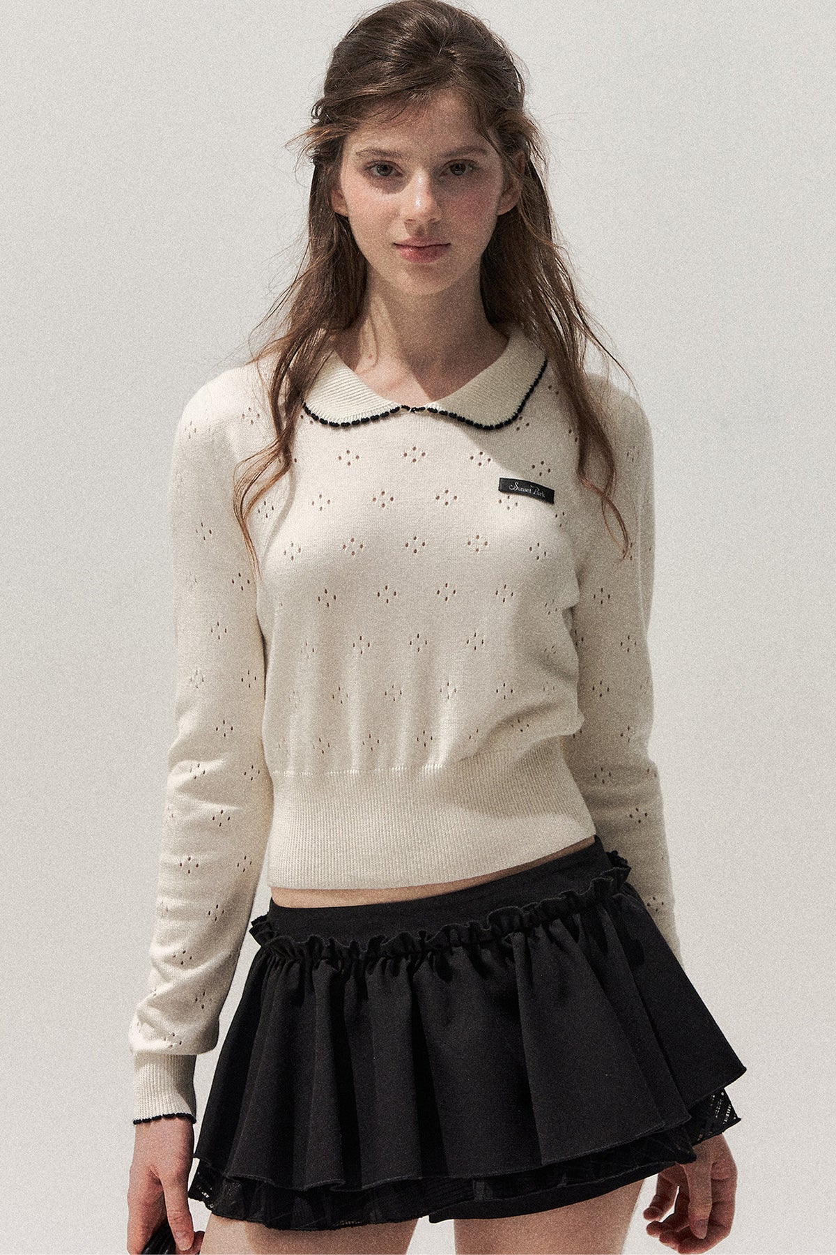 Doll Collar Floral Hollow Knit Top