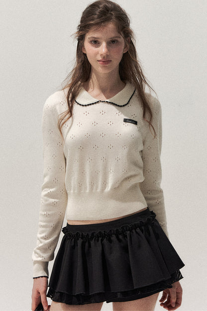 Doll Collar Floral Hollow Knit Top