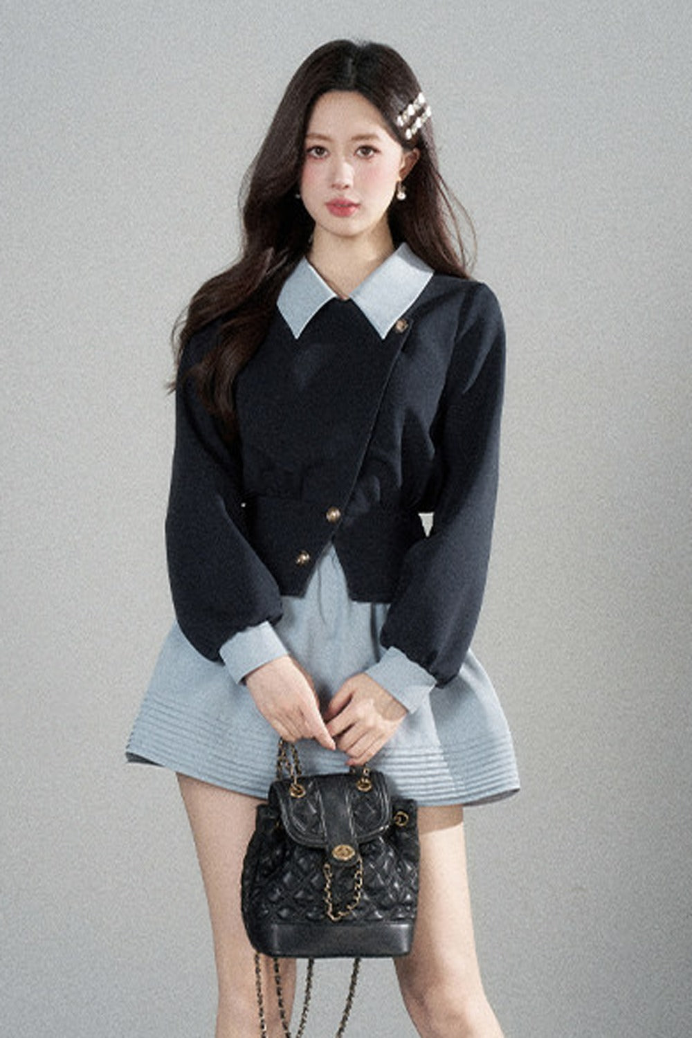 Color-Blocked Lapel Knit Top and Skirt Set-Up