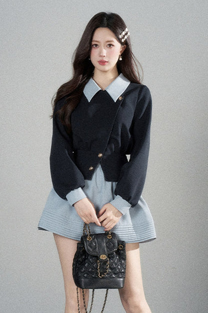 Color-Blocked Lapel Knit Top and Skirt Set-Up
