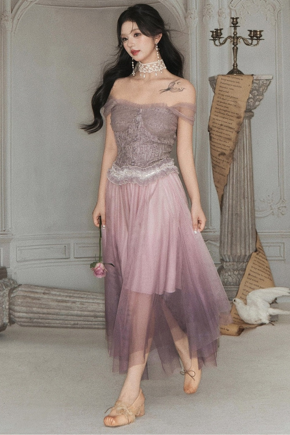 Spliced Pleated Mesh Lace Tube Top