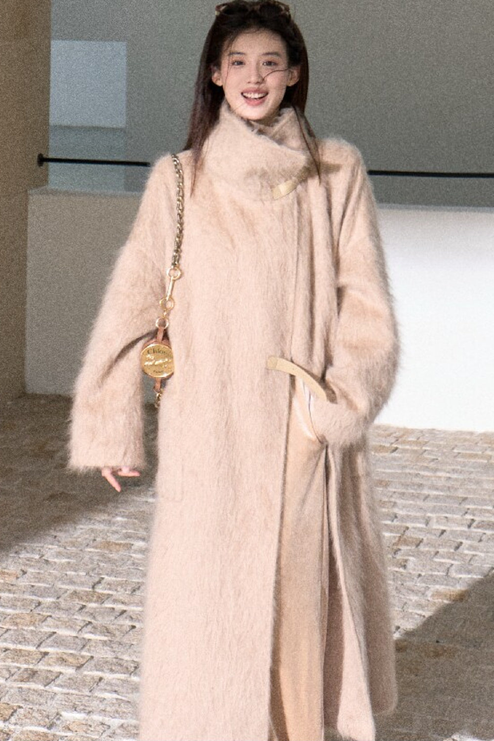 Brushed Cashmere Silk Funnel Collar Coat