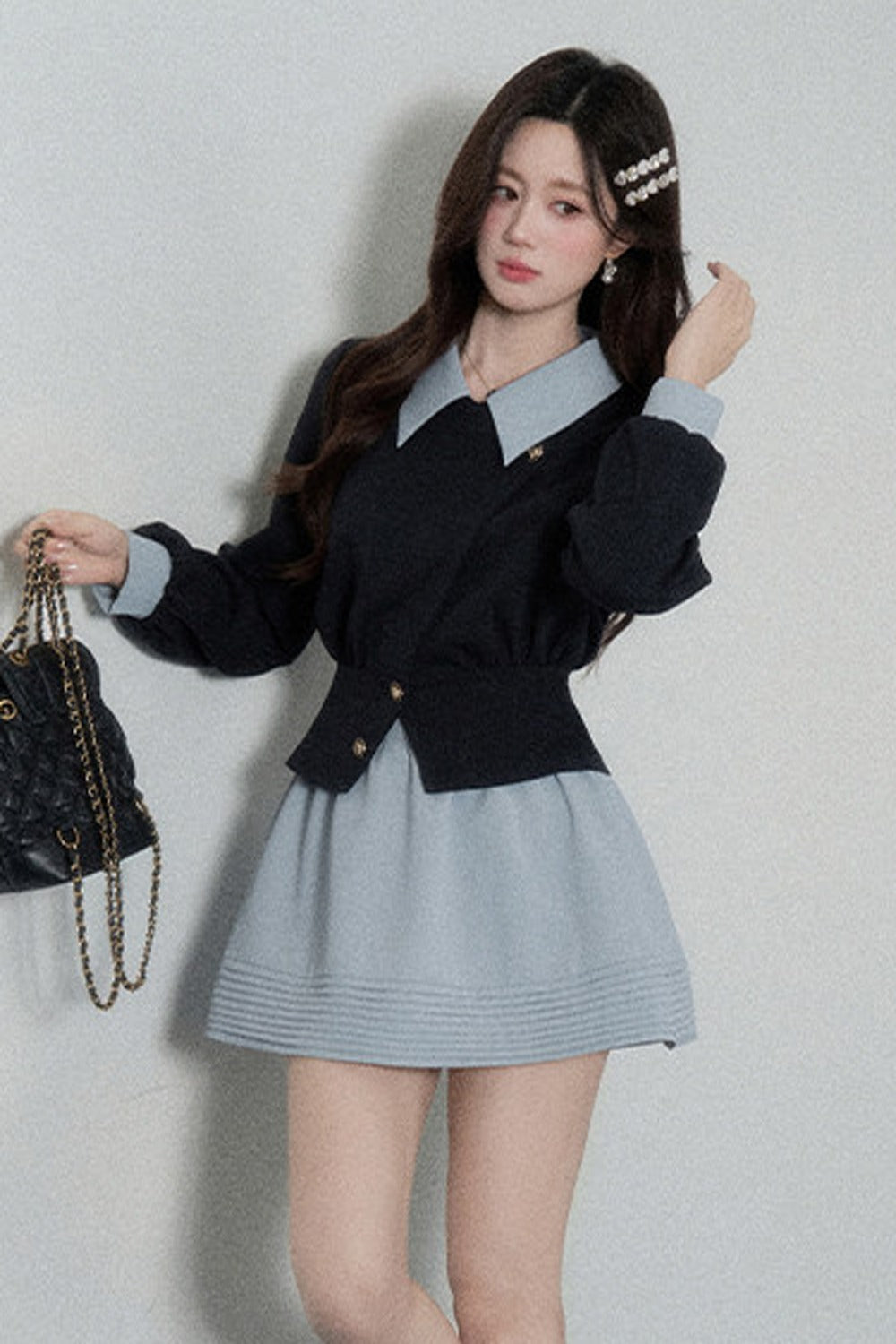 Color-Blocked Lapel Knit Top and Skirt Set-Up