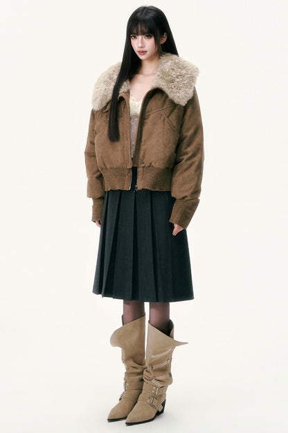 Olive Green Wool Collar Down Jacket
