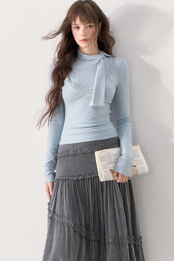 Glacier Blue Lace Strap Layered-Look Knit Top