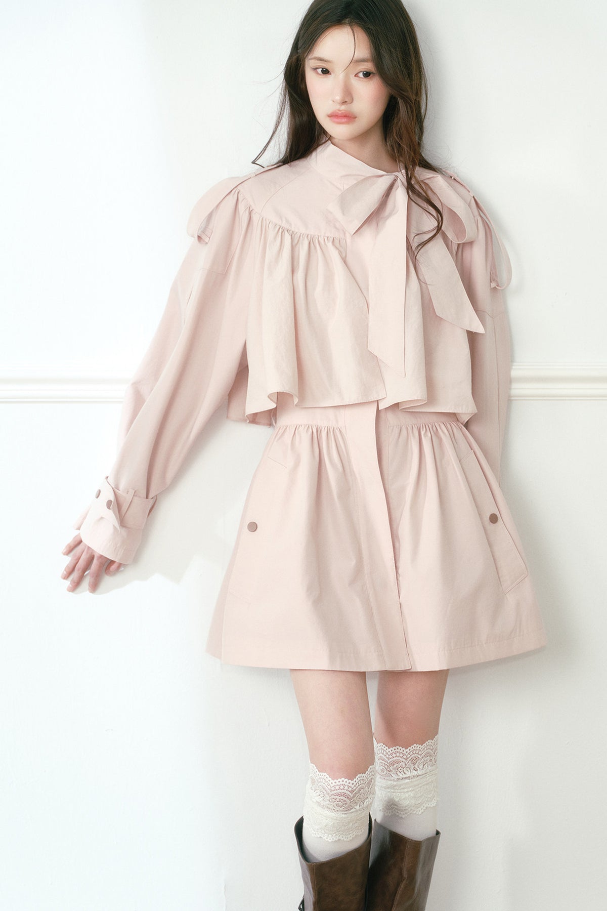 Ruched Bow Tie Cape Trench Coat