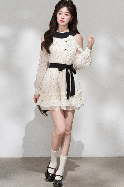 Off-Shoulder Polka Dot Chiffon Dress