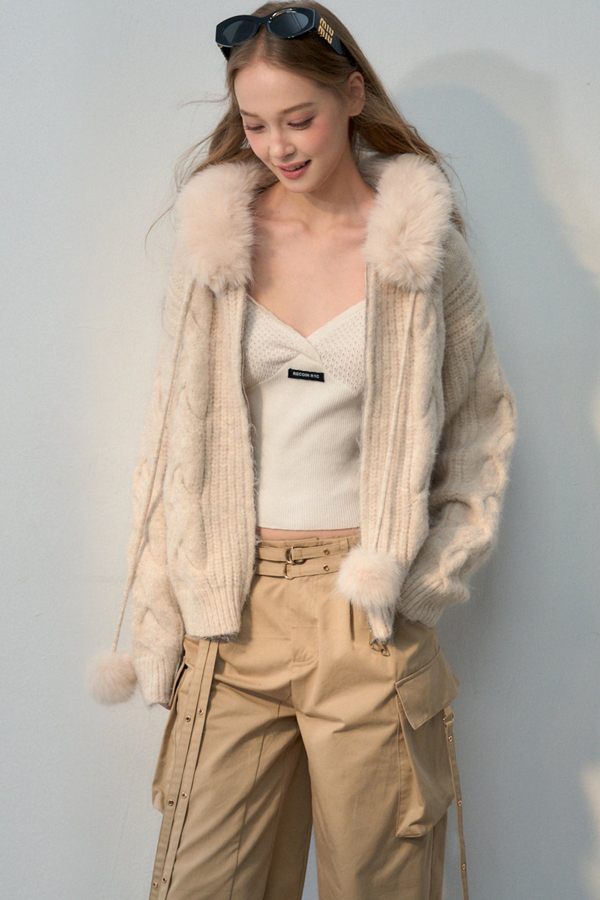 Fur Collar Hooded Knit Cardigan