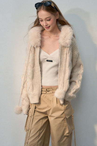 Fur Collar Hooded Knit Cardigan