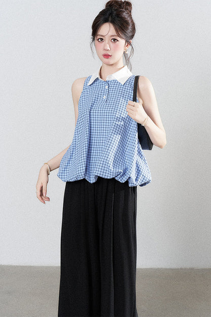 Blaue karierte Halter-Bluse