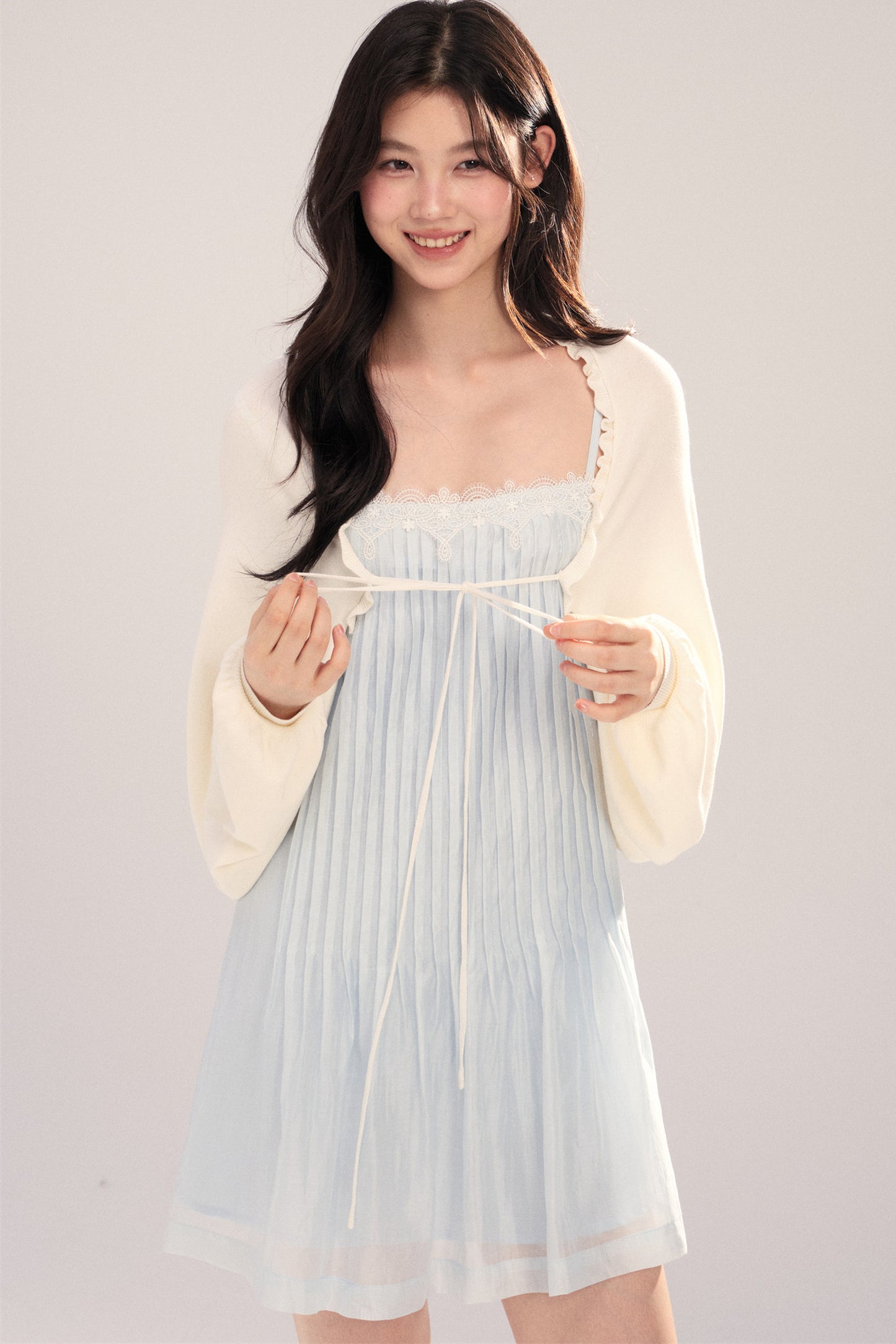 Suspender Dress with Lantern Sleeve Shawl Cardigan Set-Up