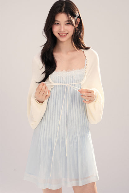 Suspender Dress with Lantern Sleeve Shawl Cardigan Set-Up