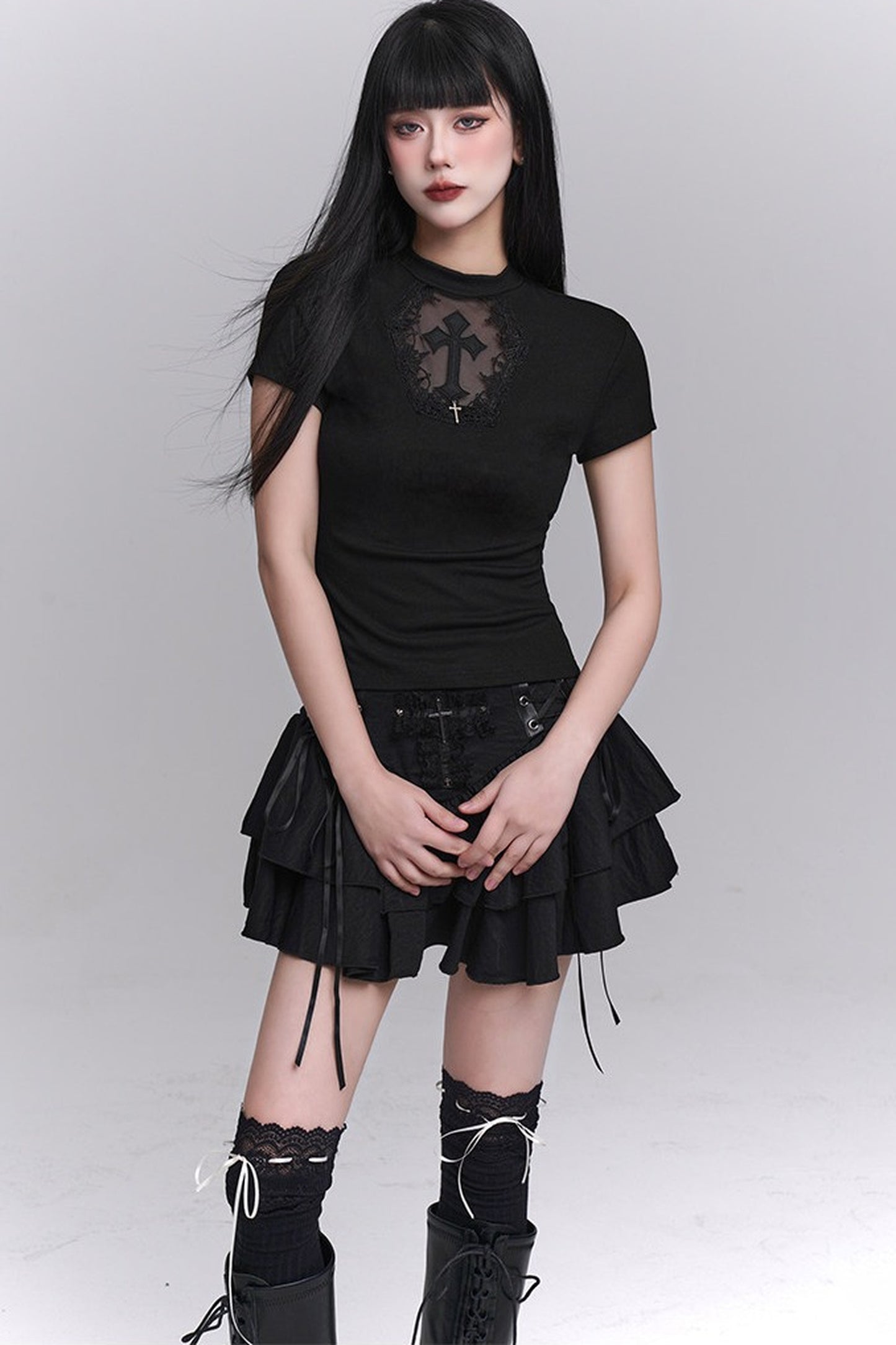 Black Cross Lace Short Sleeve T-Shirt