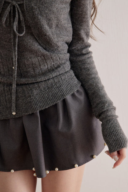 Long-Sleeve V-Neck Lace-Up Knit Sweater