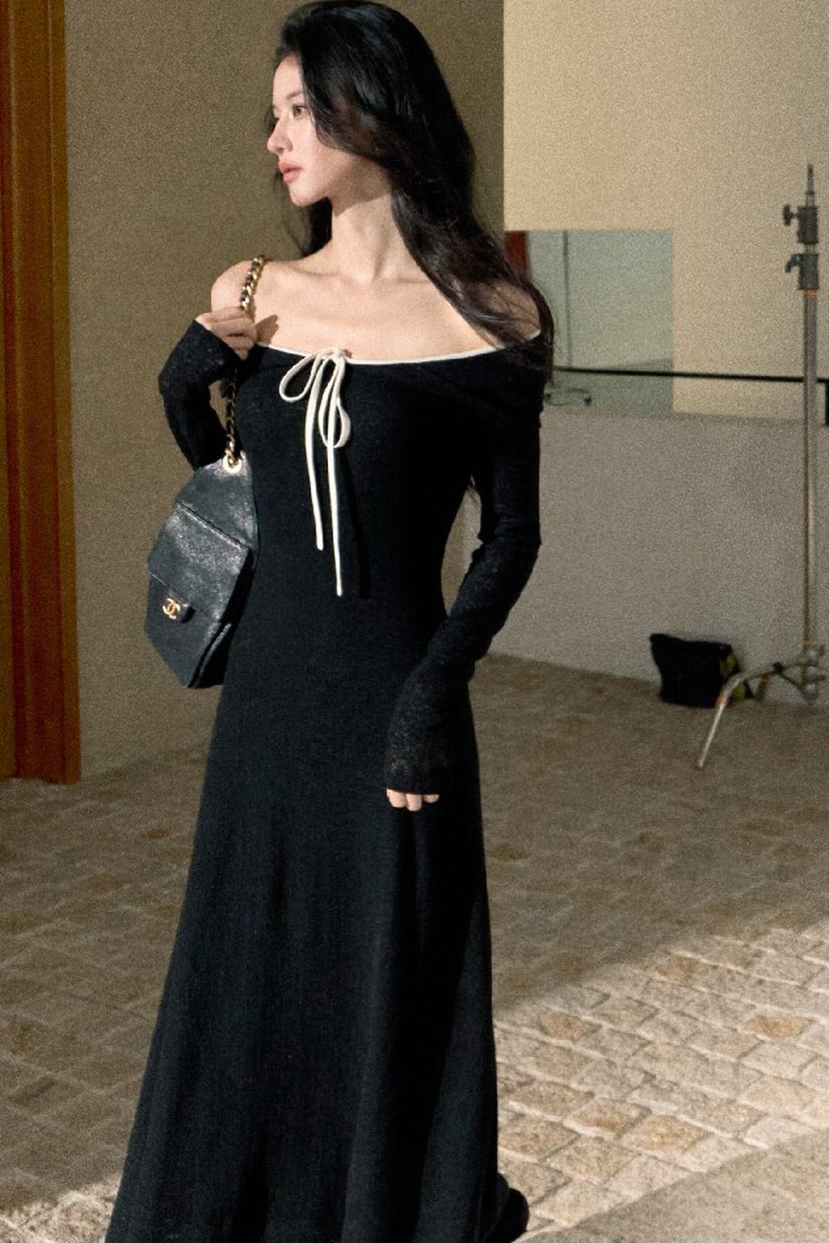 Strickkleid in A-Linie mit Struktur und Carmenausschnitt