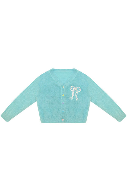 Blue-Green Bowknot Knit Cardigan