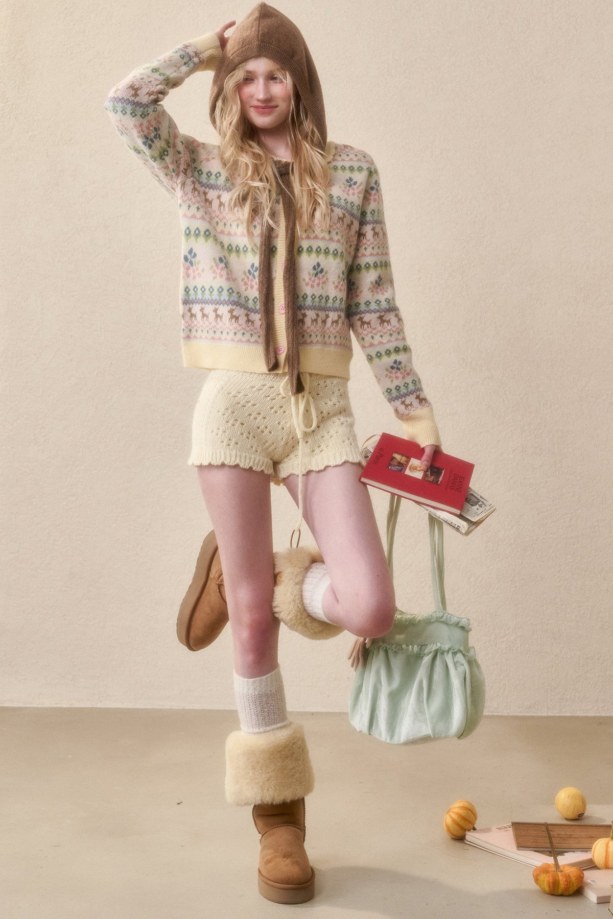 Reindeer Fair Isle Doll Collar Short Cardigan