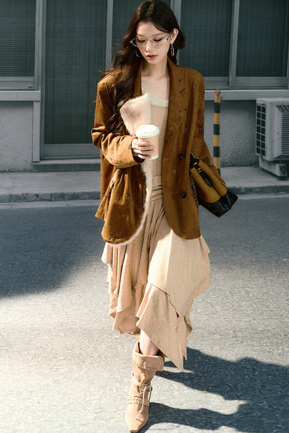 Beaded Suede Detachable Fur Collar Jacket