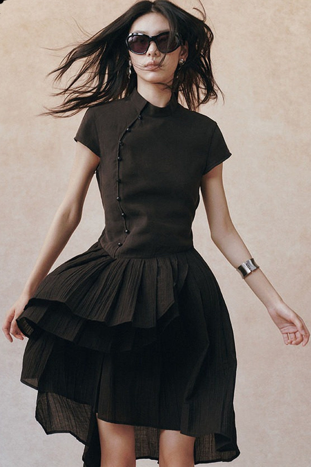 Diagonal Placket Pearl Button Irregular Hem Dress