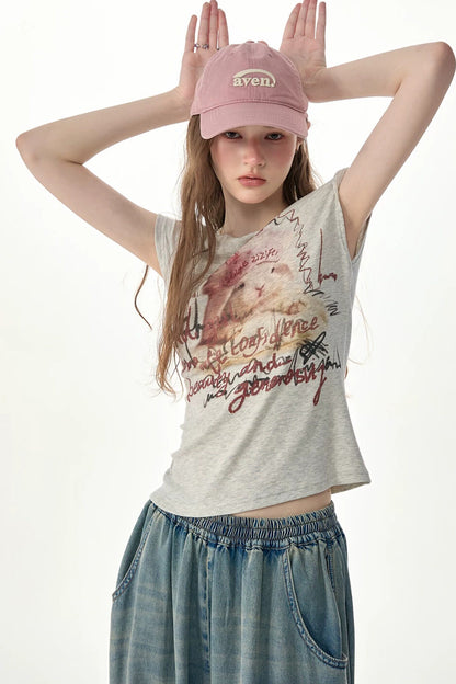 Schulterfreies kurzärmliges T-Shirt mit Hasenprint