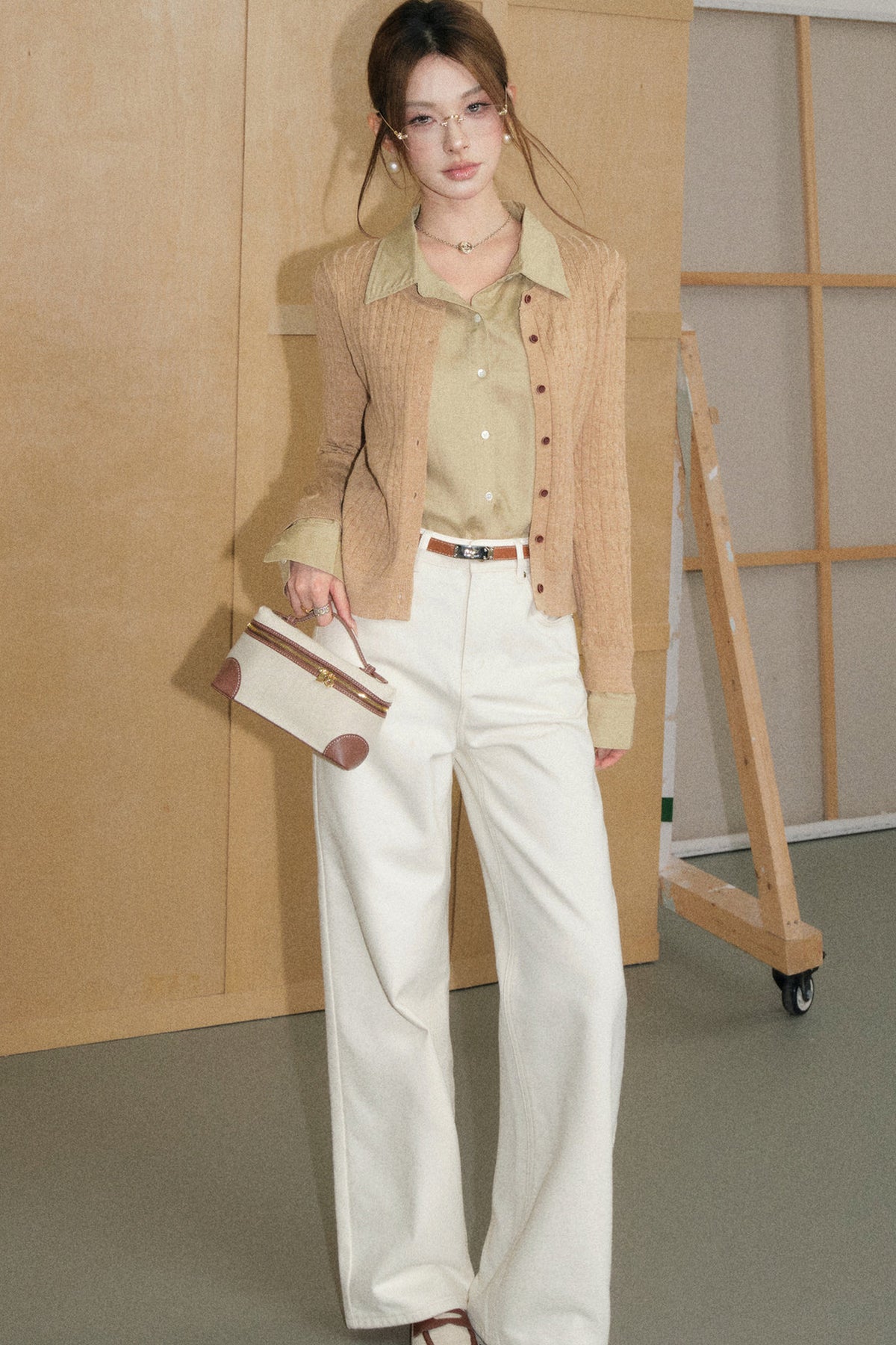 Cable Knit Layered-Look Cardigan and White Pants Set-Up